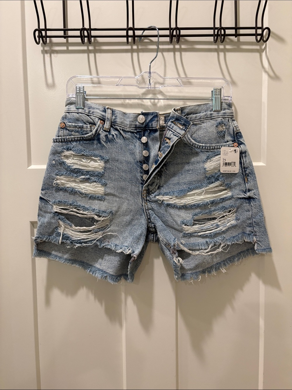 Free People Light Blue Distressed Denim Shorts